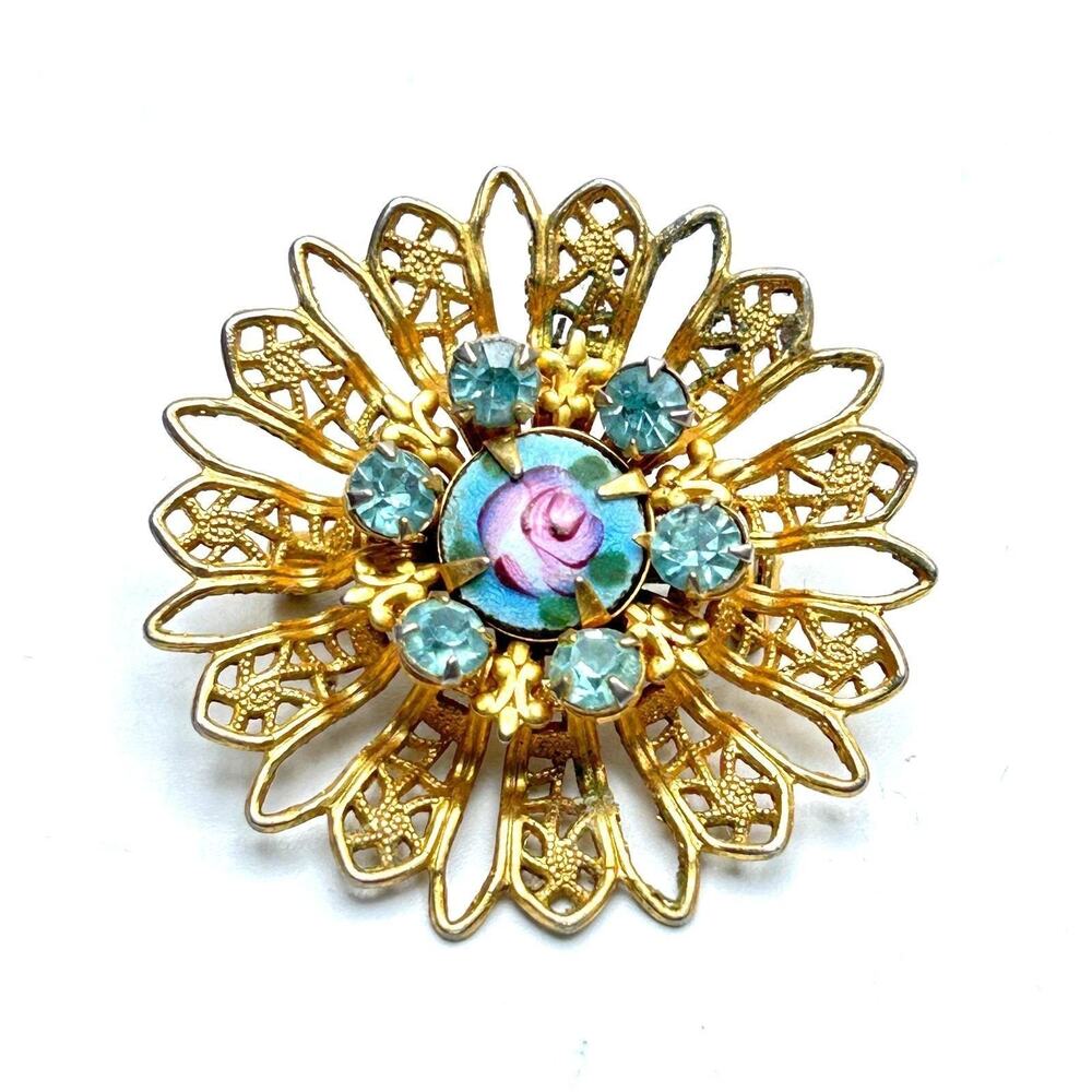 Filigree Rose Enamel Brooch Aqua Rhinestones Gold Tone Vintage 50s 60s